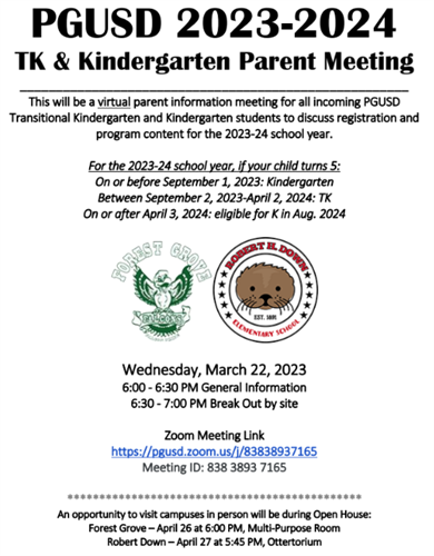PGUSD 2023-2024 TK & Kindergarten Parent Meeting